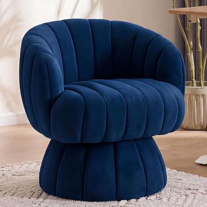 Mid Century Modern 360 Degree Barrel Swivel Accent Sofa ChairFluffy Velvet Fabric Lounge Wide Upholstered Pumpkin Reading Chair Round Cloud Armchair for Living RoomBedroomVanity(Navy Blue)