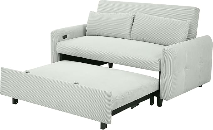 Pull-Out Sofa Bed Convertible Couch 2 Seat Loveseat Sofa Corduroy Fabric Upholstered Sleeper Sofa with 2 Throw Pillows and USB Ports for Living Room Office Apartment (Pale Green)