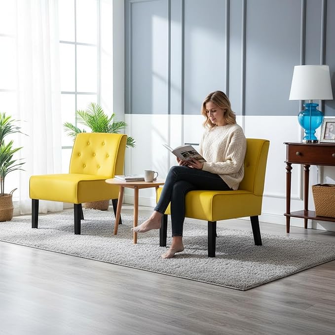Reeso 2-Piece Living Room Armless Button Tufted Pattern Accent Chair Yellow