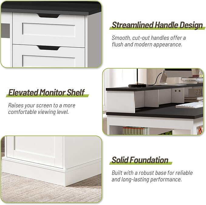 55-Inch Farmhouse Executive Desk with 2 Drawers and File Cabinet Computer Desk with 3-Tier Storage Shelves Home Office Desk with Charging Station Pegboard and Monitor Shelf White and Black