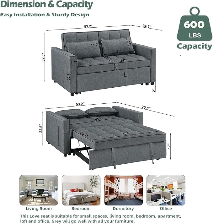 3-in-1 Convertible Loveseat Sofa Bed with Pull Out Bed and Storage Sectional Counch for Living Room Apartment Bedroom Office Adjustable Backrest Darkgray