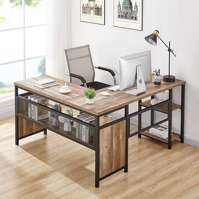 FATORRI L Shaped Computer Desk with Wood Shelves Industrial Rustic Home Office Corner Desk with Metal Legs (Rustic Oak 59 Inch)