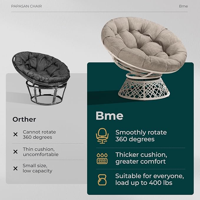 Bme 40 Ergonomic Wicker Papasan Chair with Soft Thick Cushion &amp Frame 360° Swivel Circle Reading Comfy Chair for Living Room Bedroom