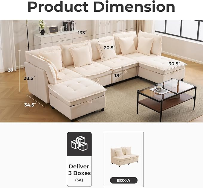 133'' Modular Sectional Sofa Oversized U Shaped Couch with Storage Ottoman Comfy Chenille Sofa with Deep Seat 6 Seat Convertible Couches with Throw Pillows for Living Room Beige