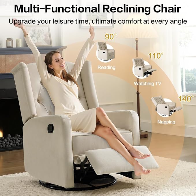 ABAKAN Swivel Rocker Recliner Chair 360 Degree Nursery Rocking Recliner Linen Glider Chair with Button Tufted Wingback Chair for Living Room BedroomAsh Beige