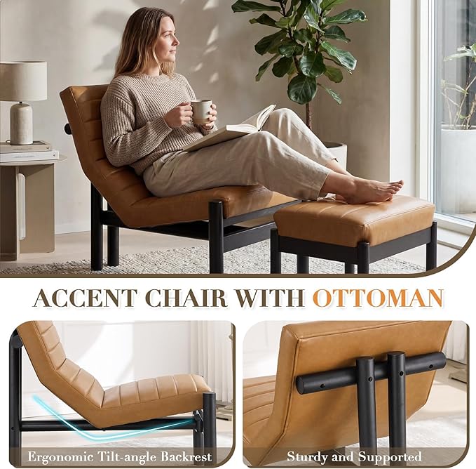 Upholstered PU Leather Accent Chair and Ottoman Set Modern Living Room Chair with Reclining Backrest and Footstool Small Reading Chairs for Living Room Bedroom Brown