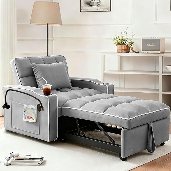 Sleeper Chair Convertible Pull Out Chair Sleeper with Bracket and Cup Holder Chairs Bed Sleepers for Adults 3 in 1 Sofa Bed Chairs for Small Spaces Living Room Light Gray