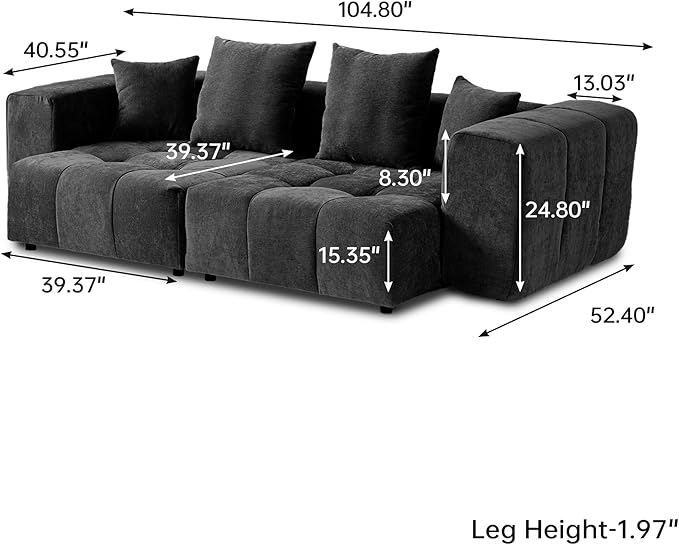 104 Love Seat Couch Modular Sectional Sofa Cloud Couch with Deep Seats Breathable Linen Fabric Sectional Couches for Living Room/Bedroom/Apartment Simple Assembly Black