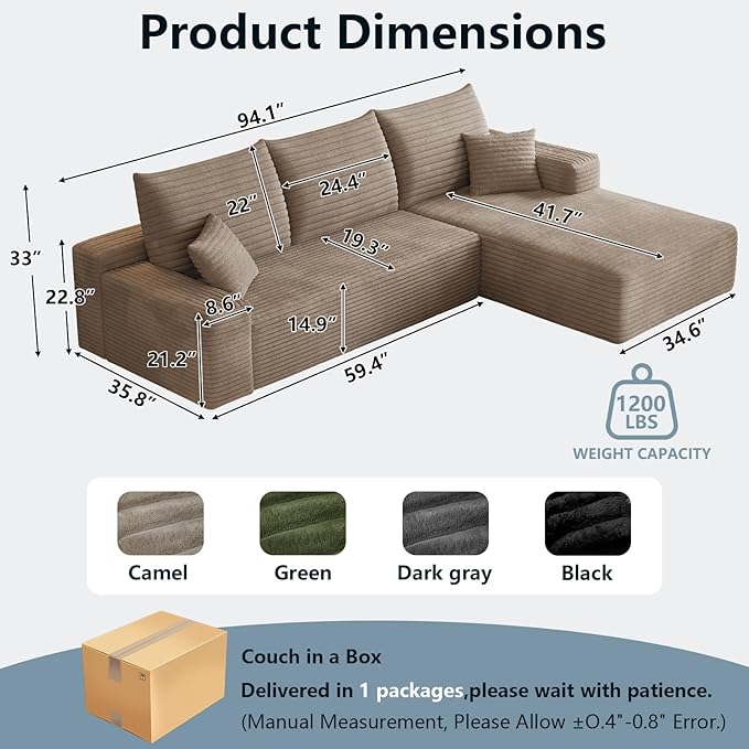 95 Cloud Sectional Couch with L-Shape Chaise Modern Corduroy Boneless Couch for Living RoomMemory Foam Sofa with Deep SeatNo Assembly Required (CamelRight-Facing Chaise)