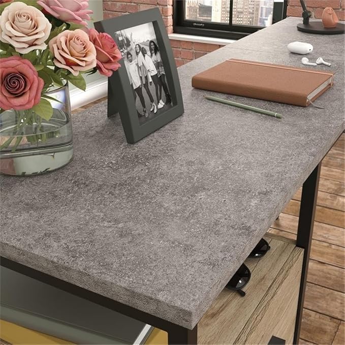 Pemberly Row L-Shaped Engineered Wood and Metal Desk Prime Oak Finish 55.91 in x 57.64 in x 30.59 in Storage Drawers Open Shelves Wire Mesh Shelf Home Office Computer Desk