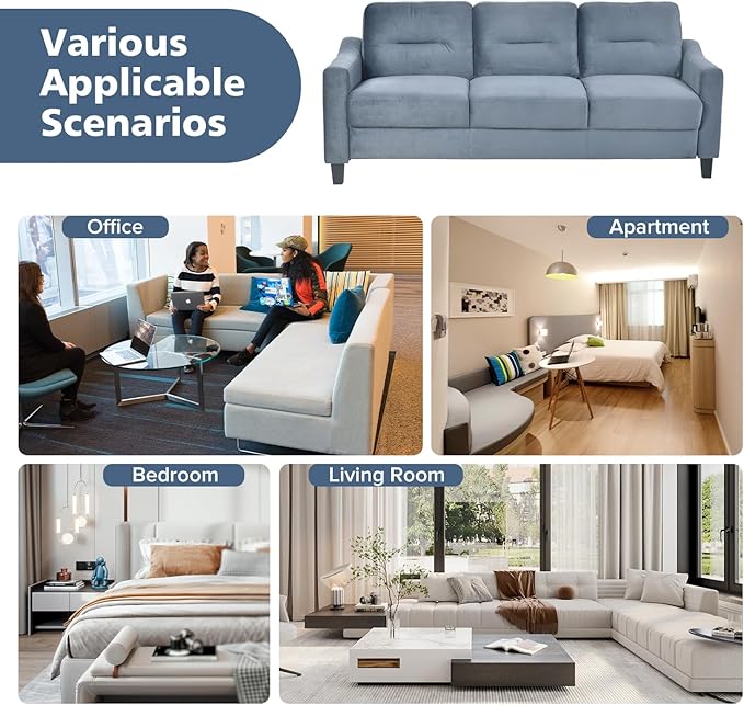 Velvet Upholstered 3 Seats SofaMordern Couch with Tufted Strip Back Cushion for LivingroomApartmentOffice Blue Grey