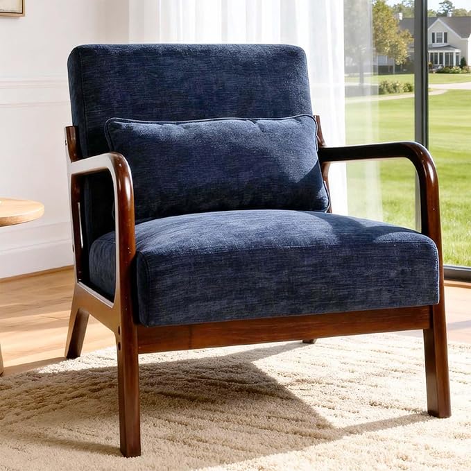 Mid Century Modern Accent Chair with Solid Wood Frame Comfy Reading Lounge Chair with Detachable Lumbar Pillow for Living Room Bedroom Office Vintage Small Wooden Armchair for Waiting Room (Blue)