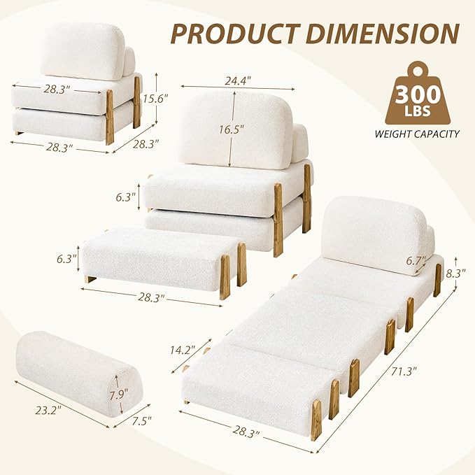 Convertible Folding Sofa Bed with Wood Frame 2-in-1 Sleeper Chair with Headrest &amp Lumbar Pillow Foldable Single Sofa Couch with High-Density Memory Foam for Living Room Guest Room Beige