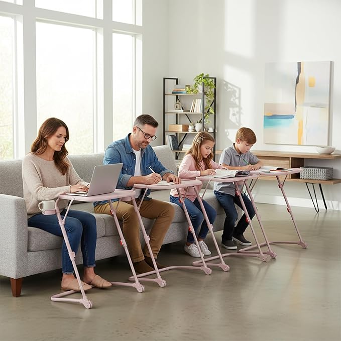Homy Casa Adjustable Z Shaped Study Desk with Cup Holder Space Saving Portable Laptop Foldable Table for Home Office Living Room &amp Bedroom Sturdy Metal Frame &amp PP Top Black (4PCS-Pink)