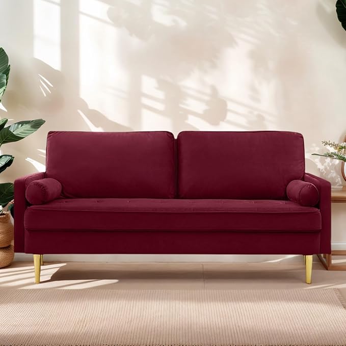 65 Love Seat Sofa Velvet Small Sofa Small Couch for Bedroom Living Room Bedroom Loveseat with 2 Pillows Gold Legs Modern Tufted Seat Upholstered Seating for Office Apartment (Red)