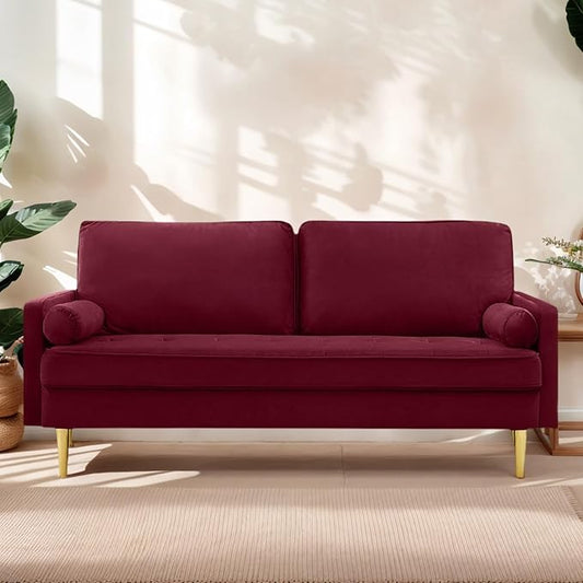 65 Love Seat Sofa Velvet Small Sofa Small Couch for Bedroom Living Room Bedroom Loveseat with 2 Pillows Gold Legs Modern Tufted Seat Upholstered Seating for Office Apartment (Red)