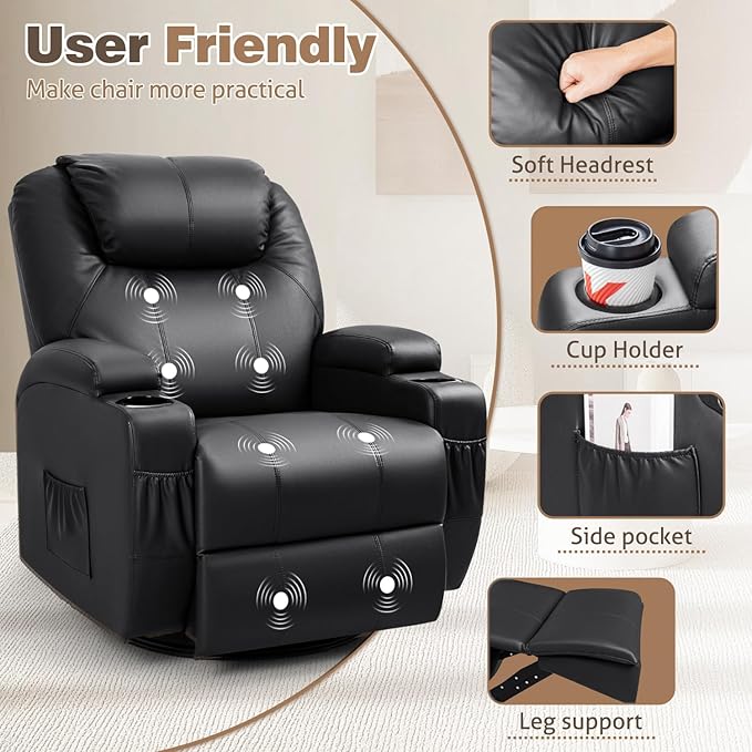Recliner Chair 360° Swivel Rocker Chair for Adults Rocking Recliner Chair with Massage Comfy Single Sofa with Side Pockets Cup Holders for Living Room Bedroom Nursery (Leather Black)