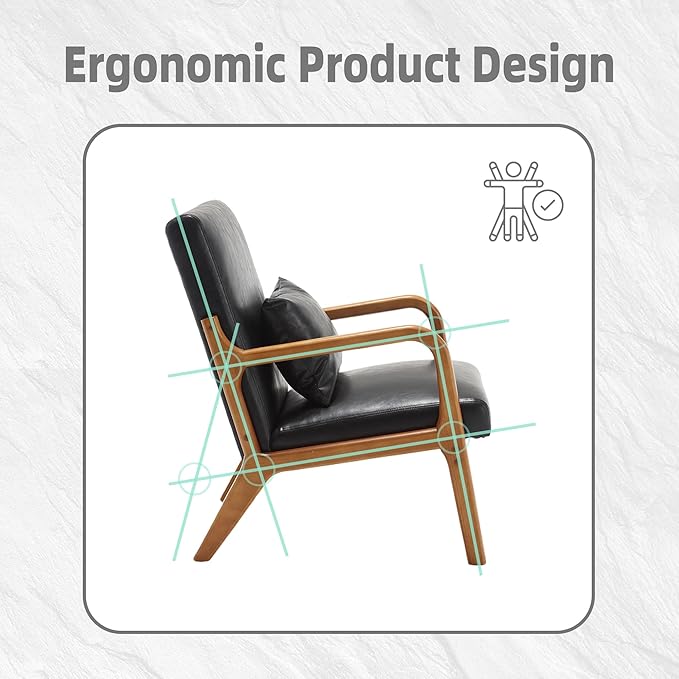 Modern Accent Chair Solid Wood Padding Lounge Armchairs with One Pillow for Living Room Bedroom Guest Room (Black PU)