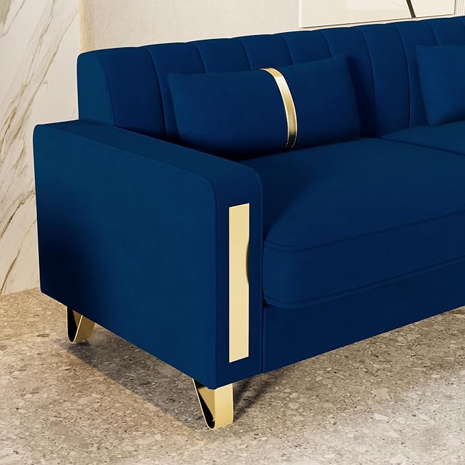 85.63 Modern Blue Velvet Sofa with Gold Metal Legs Large Upholstered Mid Century Modern Comfy 3 Seater Dark Blue Couches for Living Room (Blue)