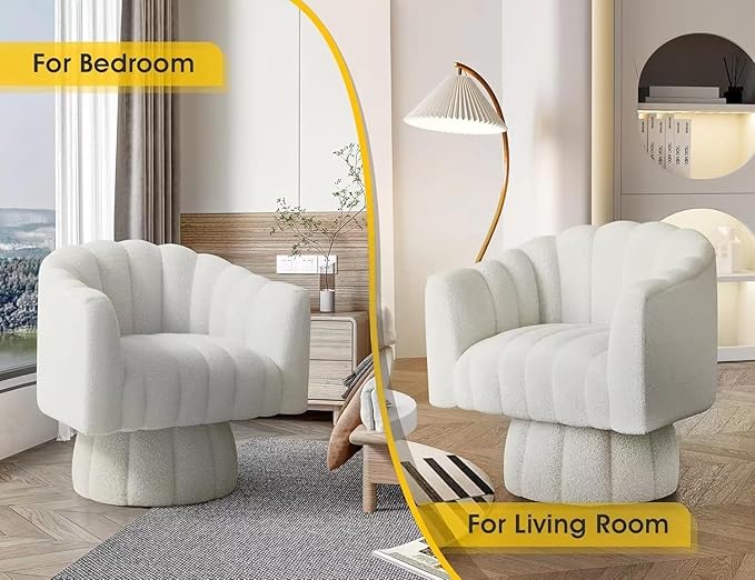 360 Degree Sherpa Swivel Cuddle Barrel Accent Sofa Chairs Round Teddy Armchairs with Wide Upholstered Furry Boucle Reading Chair for Living Room Bedroom Office Waiting Rooms (White)