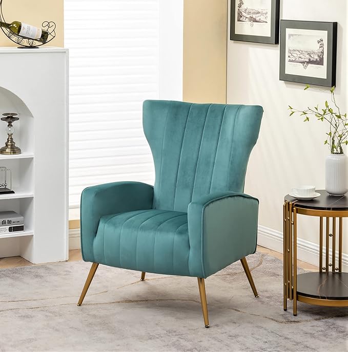 Modern Velvet Accent Chair Channel Tufted Bedroom Office or Living Room Furniture with Elegant Metal Legs 26 Wide Armchair Teal