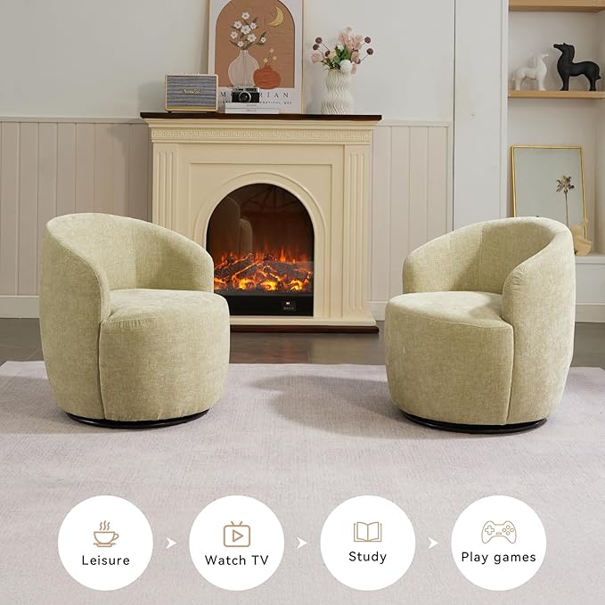 360 Degree Swivel Accent Chair Modern Barrel Vanity Chair with Back Comfy Single Circle Couch for Living Room Bedroom Reading Nook (Chenille Light Green)