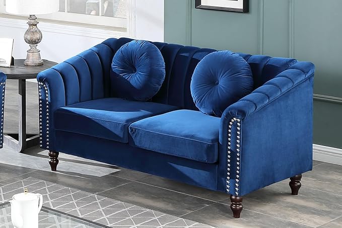 Chesterfield Loveseat Couch 60 Inch Luxurious Velvet Modern Love Seat Chesterfield Settee Sofa Upholstered Rolled Arm with Rivets/2 Button Tufted Pillow 2 Seater Sofa for Living RoomBlue