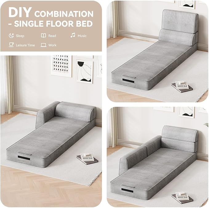79 Multi-Style Convertible Sleeper Sofa Bed Loveseat Boneless Couch in a Box Folding Floor Mattress with Removable Pillows Armrests Side Pockets Fold Out Lounge Against the Wall Light Grey