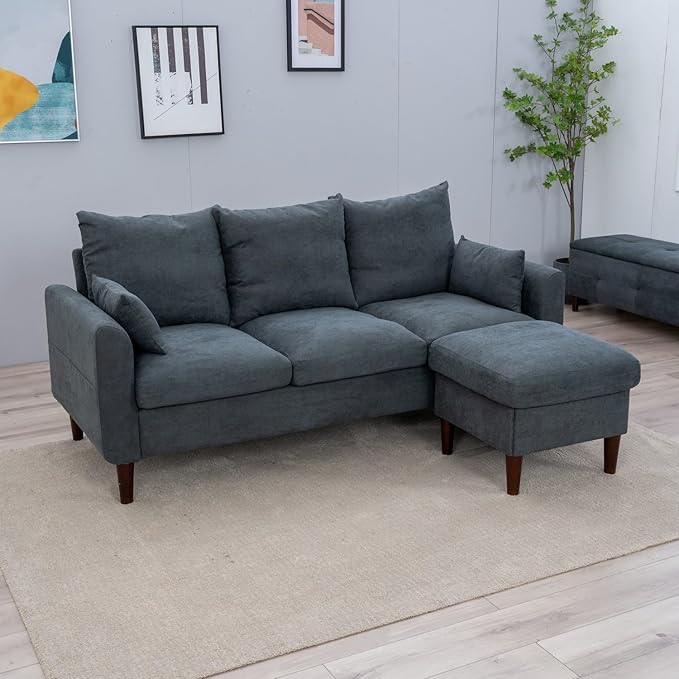 Panana Sectional Sofa Modern Deep 3-Seat Sofa Couch with Ottoman Upholstered Furniture for Living Room Apartment Studio Office (Grey Linen Curved Arms)