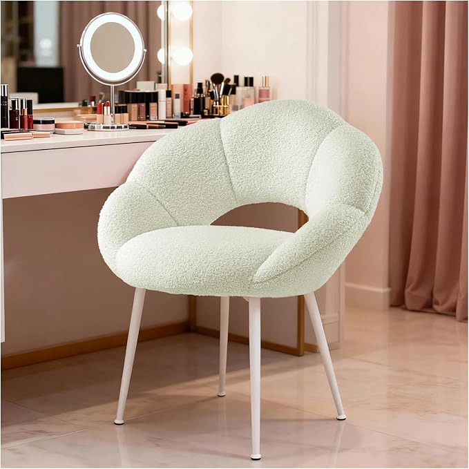 Petal Makeup Vanity Chair with BackUpholstered Makeup Accent Reading Chair No WheelsModern Dining Chair for HomeOfficeBedroomTeddy Plush (White)