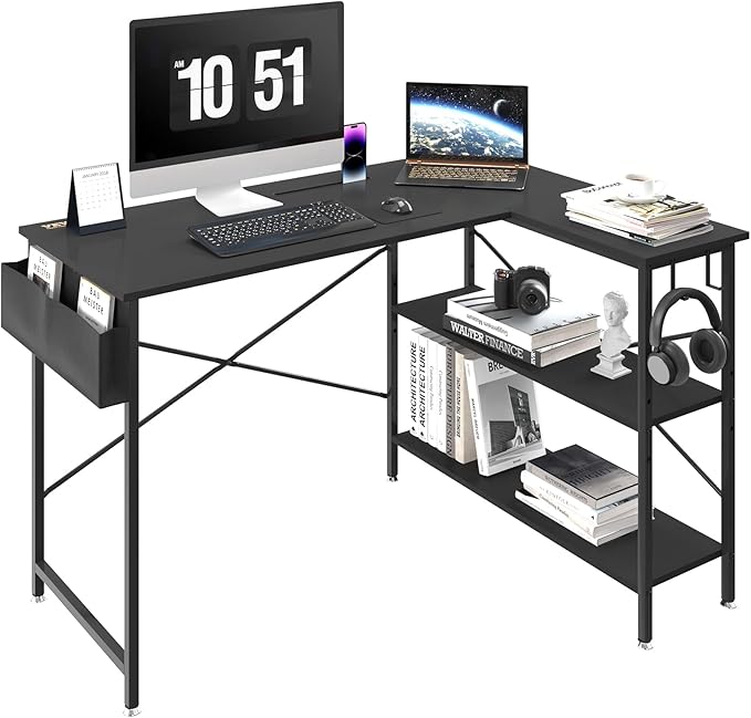 VEVOR L Shaped Computer Desk 47' Corner Desk with Storage Shelves Bag Phone Slot and Headphone Hook L Shaped Office Desk Gaming Desk for Home Office Workstation Black