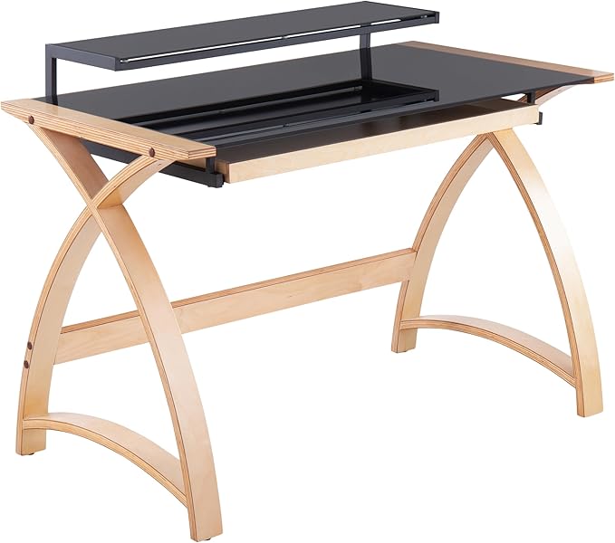 Mid-Century Modern Wood &amp Glass Desk - Natural &amp Black Home Office Computer Desk