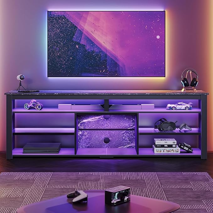 Bestier Tall LED TV Stand for 70/75/80 inch TV Modern Black Marble Entertainment Center with Storage for PS5 Gaming Console for Living Room &amp Bedroom