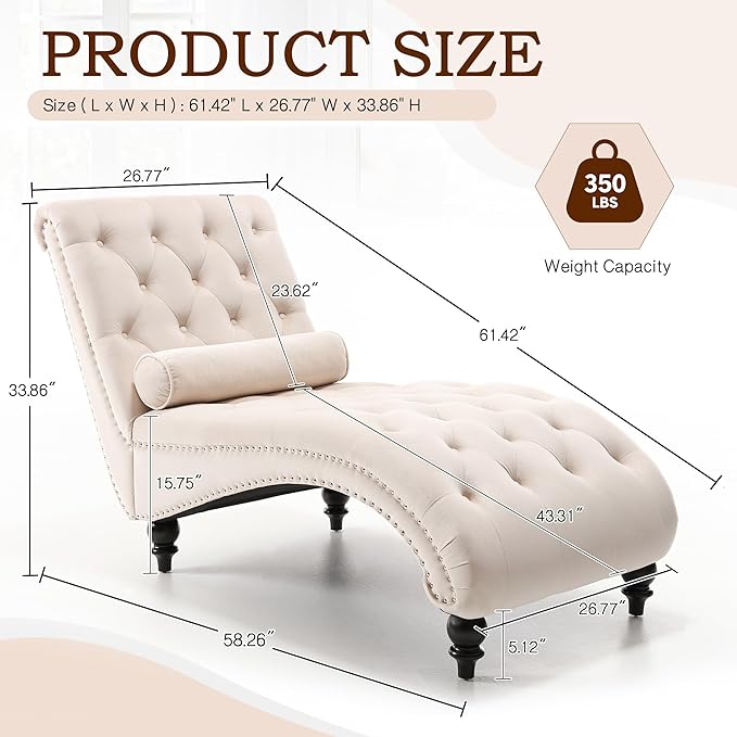 SLEERWAY Chaise Lounge Chair Indoor Modern Velvet Upholstered Sofa with Solid Wooden Leg and Lumbar Pillow Button Tufted Sleeper Chaise Lounge Chairs for Bedroom Living Room Office Beige