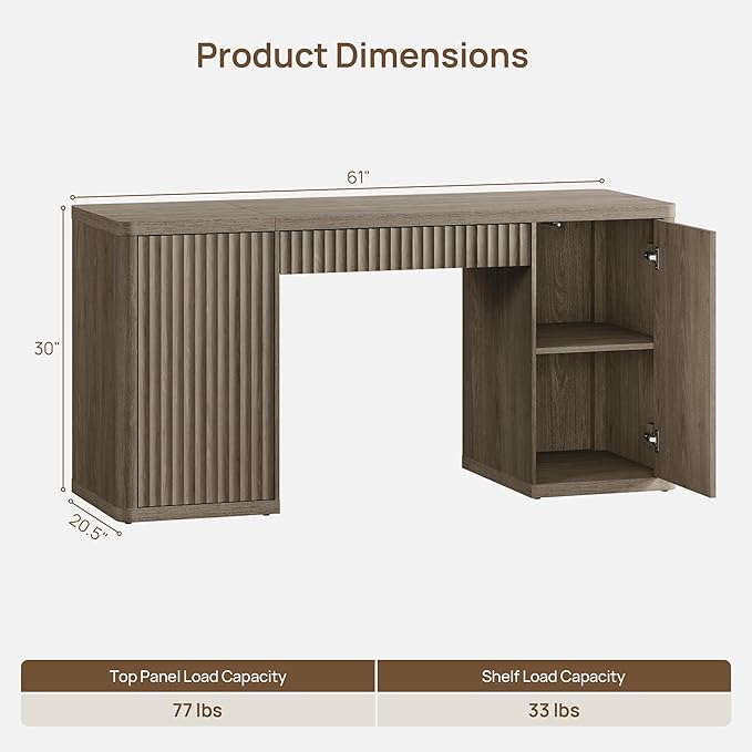 SICOTAS 61 Large Office Computer Desk with Storage Modern Home Office Desks with Drawer &amp Doors Fluted Desks Executive Desk Wooden Writing Table Vanity Table for Living Room Bedroom Grey Alder