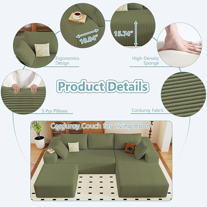 96 U Shaped Cloud Sectional Couch with Fluffy Corduroy Deep Memory Foam Seats Sofa with 1 Ottoman for Living Room No Assembly Required(GreenRight-Facing Chaise)