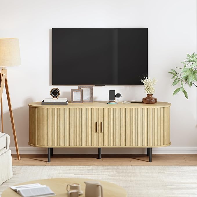 55 TV Stand with Power Outlet Modern Media Console with Sliding Doors Entertainment Center for TVs up to 60 Inch Adjustable Shelves Oak