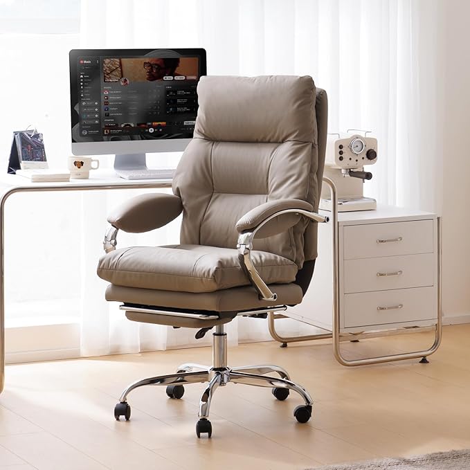 LEAGOO Office Chair with Foot Rest Executive Reclining Office Chairs with Arms Ergonomic High Back PU Leather Comfy Swivel Computer Desk Chairs with Wheels and Lumbar Support for Home Office Tan