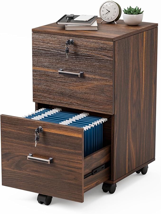 VINGLI 2 Drawer File Cabinet with Lock Wood Dark Brown File Cabinets for Letter Size File Folders with Tabs Under Desk Rolling Filing Cabinet for Home Office Mobile File Organizer Printer Stand