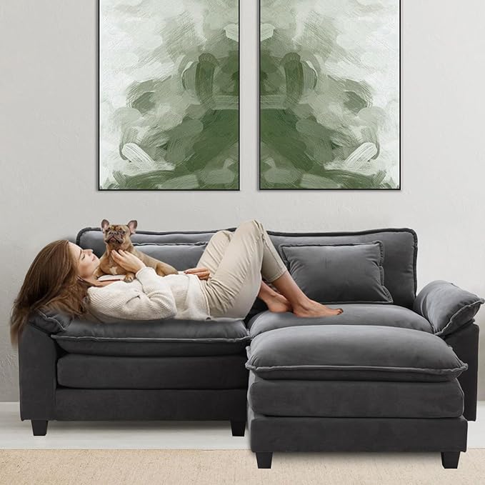 Modular Sectional Sofa 86 L Shaped Couch Set with Movable Ottoman Flannel Comfy Cloud Couch Sectional Set Extra Deep Seat Sofa with 2 Pillows for Living Room (Dark Grey 2-Seat &amp 1-Ottoman)