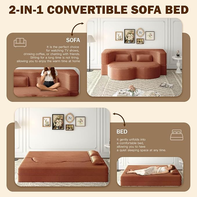 Modern 2-in-1 Convertible Sofa Bed 78 Full Size Corduroy Floor Sofa with 2 Pillows Folding Mattress Sleeper for Living Room &amp Guest Room No Assembly Required