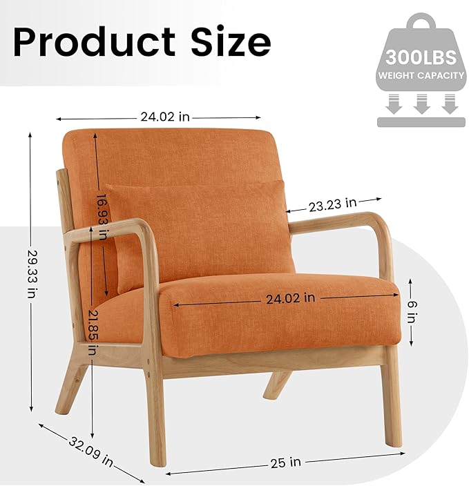Mid Century Modern Accent Chair Set of 2 Upholstered Chair for Living Room Accent Chair with Lumbar Pillow Solid Wood Frame Reading Chair Armchair for Bedroom Small Spaces Orange