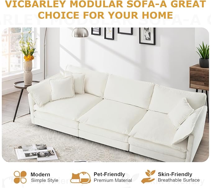 Modular Sectional Sofa with 3 Seat 111.5 Convertible Chenille Couch with 2 Armrest Pillows and 3 Throw Pillow for Living RoomOffice and ApartmentBeige