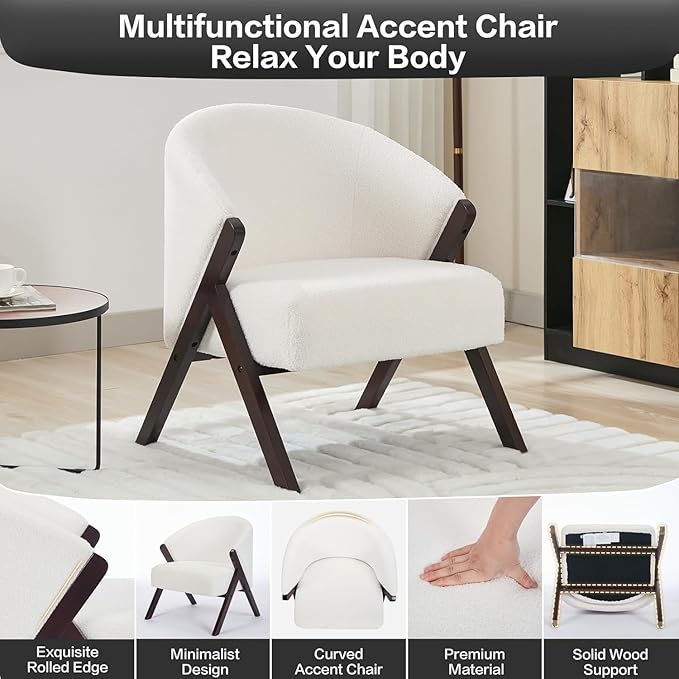 PU Leather Mid-Century Modern Accent Chair with Wooden Legs Comfortable Upholstered Reading and Leisure Chair for Living Room Bedroom and Waiting Room-White