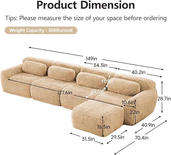 149 Modern Modular Boneless Sectional Couches for Living Room 4 Seater Deep Seat Compressed Sofa No Assembly Required Plush Fabric Fabric Cloud Comfy Sofa Set with 1 Ottoman L Shaped Camel
