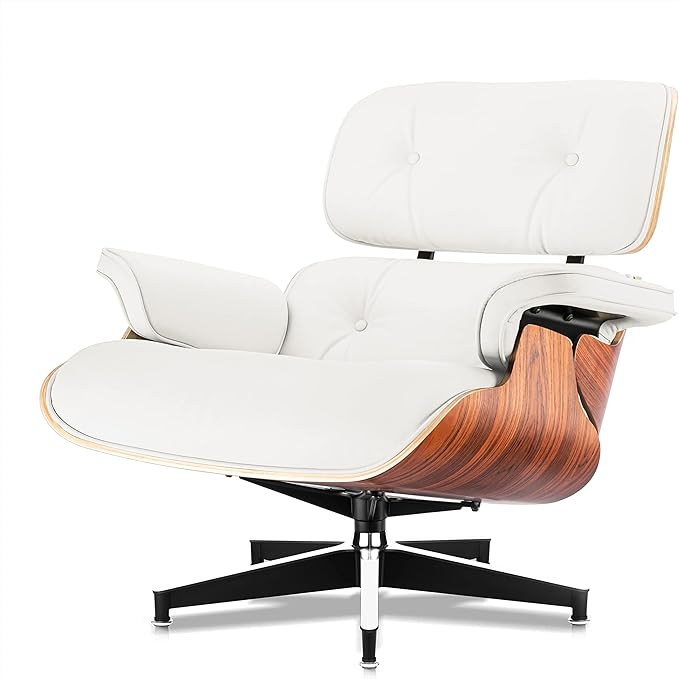 Top White Grain Leather Mid Century Chaise Lounge Chair and Ottoman Modern Chair Classic Design Palisander Wood Heavy Duty Base Support for Living Room Office