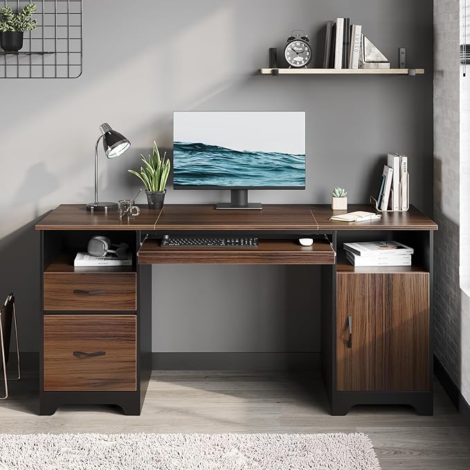 Bestier 59” Executive Desk with 2 Drawers Computer Desk with Storage Cabinet Industrial Wood Desk with File Drawer Keyboard Tray &amp 2 Pedestals for Home Office &amp Studio Cherry