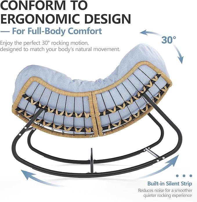 SWITTE Outdoor Rocking Chair Oversized Patio Papasan Rocker Comfy Wicker Reading Lounge Indoor Egg Chair for Bedroom Living Room Porch Garden Lawn-Light Blue