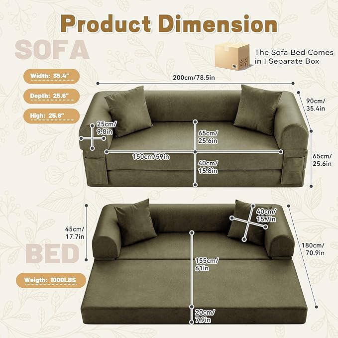 Convertible Folding Sofa Bed78.5 Inch Faux Leather Futon Couch with Pillows &amp Storage Pocket5-in-1 Queen Sleeper Sofa in a Box with Pull Out BedBoneless Couch for Living Room BedroomGreen