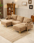 Karl home 99.6 Sectional Sofa U-Shaped Chenille Upholstered Couch with 2 Movable Ottomans 3-Seater Cloud Couches Comfy Deep Seat Sofa for Living Room Apartment Office Khaki